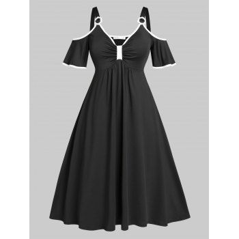 

Plus Size Cold Shoulder Binding A Line Midi Dress, Black