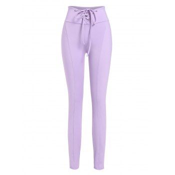 

Lace Up High Waisted Solid Leggings, Light purple