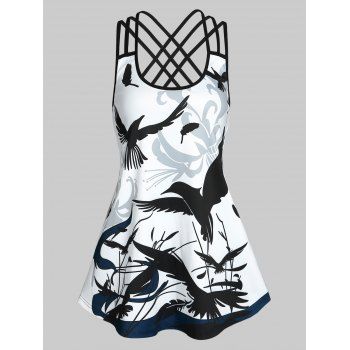 

Contrast Birds Plant Print Crisscross Strappy Tank Top, Black