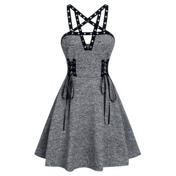 

Grommet Hollow Pentagram Lace Up Dress, Gray