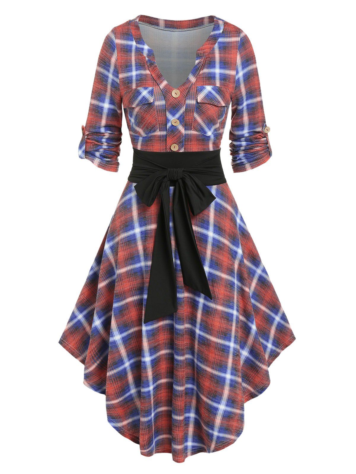 Vintage Plaid Asymmetrical Bowknot Roll Up Sleeve Pocket Shirt Dress - ORANGE XXXL