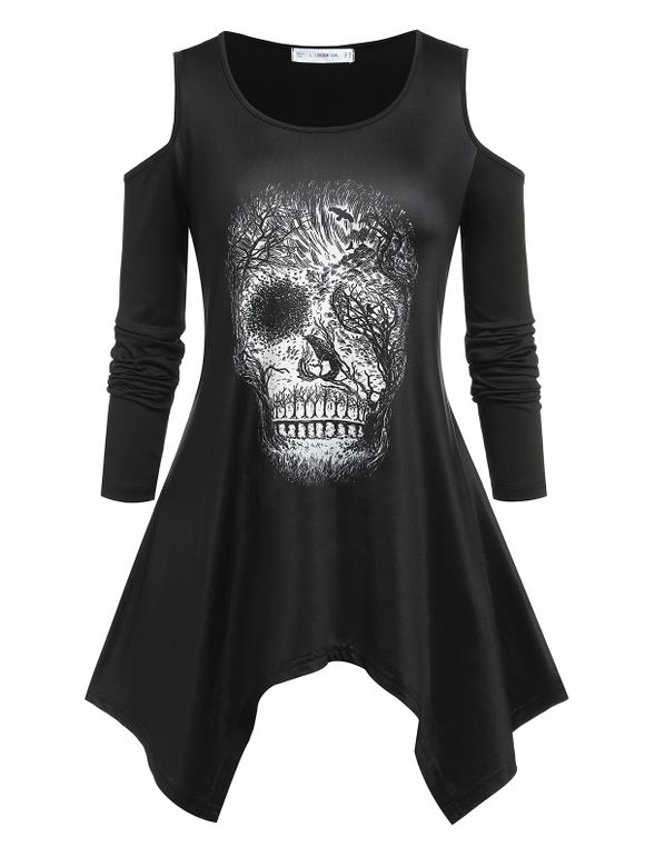 T-shirt D'Halloween Mouchoir à Imprimé Crâne à Epaule Dénudée de Grande Taille - Noir 5X