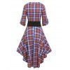 Vintage Plaid Asymmetrical Bowknot Roll Up Sleeve Pocket Shirt Dress - ORANGE XXXL