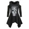 Plus Size Cold Shoulder Skull Print Handkerchief Halloween Tee - BLACK 1X