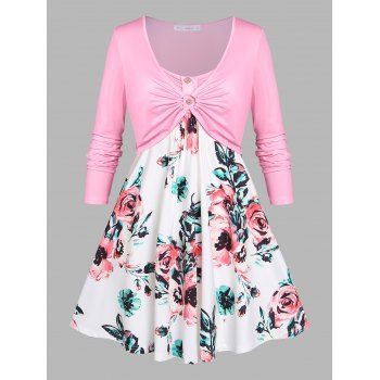 

Plus Size O Ring Mock Button Flower Print T Shirt, Light pink