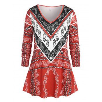 

Plus Size Colorblock Paisley Print V Neck T Shirt, Red