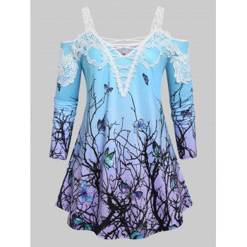 

Plus Size Branch Butterfly Print Lace T Shirt, Light blue