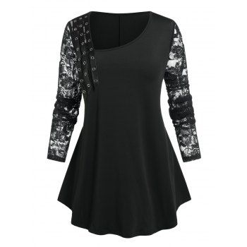 

Plus Size Skew Neck Lace Sleeve Eyelets T-shirt, Black