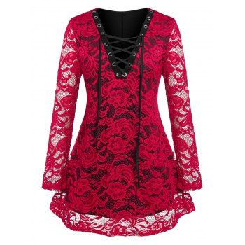 

Plus Size Flower Lace Sheer Lace Up Tunic Tee, Deep red