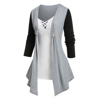 

Plus Size Twofer Lattice Colorblock Draped Jersey Tee, Light gray