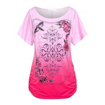 

Plus Size Batwing Sleeve Flower Slogan Blouson T Shirt, Light pink