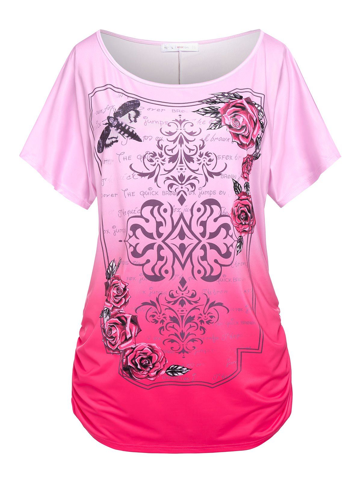 Plus Size Batwing Sleeve Flower Slogan Blouson T Shirt - LIGHT PINK 2X