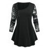T-shirt Œillet de Grande Taille Manches en Dentelle à Col Oblique - Noir 2X