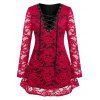 T-shirt Tunique Fleur en Dentelle Transparente de Grande Taille à Lacets - Rouge foncé 2X