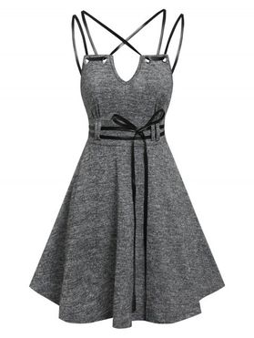 Strappy Crisscross Heathered Belted Flare A Line Mini Dress