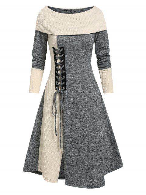 Robe Plissée en Blocs de Couleurs à Lacets