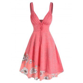 

Summer Plunge Pleated Flower Layered Asymmetrical A Line Dress, Light pink