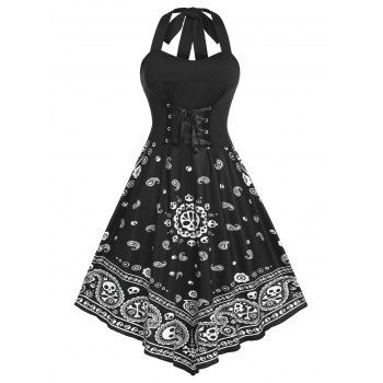 

Plus Size Halter Lace Up Skull Paisley Print Backless Dress, Black