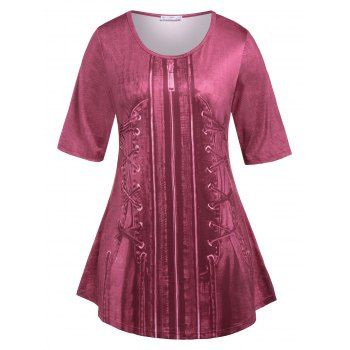 

Plus Size 3D Zip Lace Up Print T Shirt, Deep red