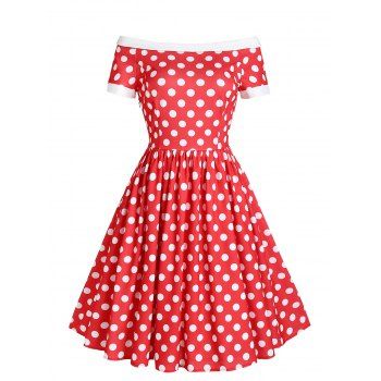 

Off Shoulder Polka Dot Princess Seam Dress, Red