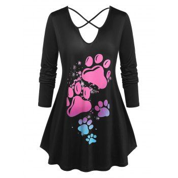 

Plus Size Footstep Print Crisscross T-shirt, Black