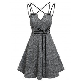

Strappy Heathered Belted Flare Dress, Dark gray