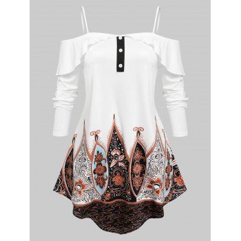 

Plus Size Flower Open Shoulder Mock Button Asymmetric T Shirt, White