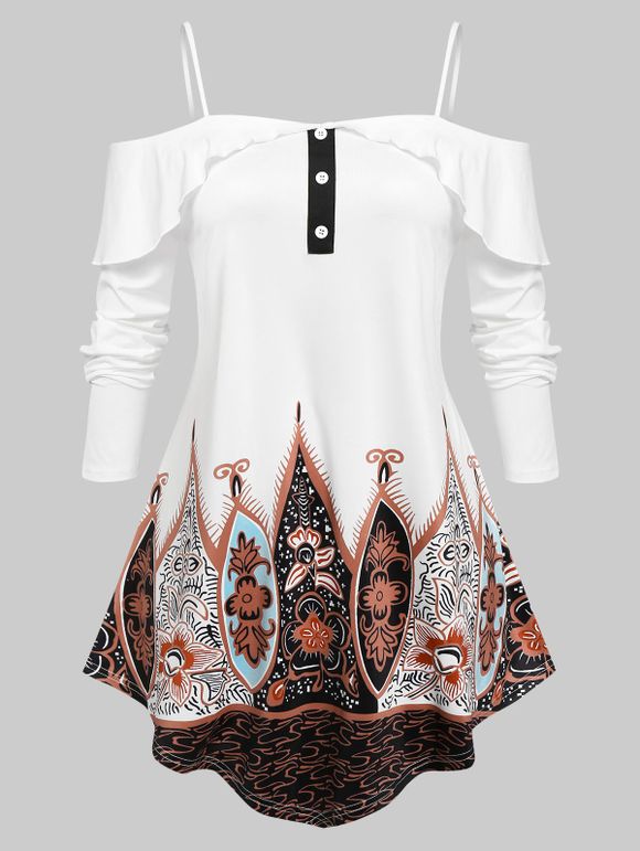 T-shirt Asymétrique Fleur Epaule Dénudée de Grande Taille avec Bouton - Blanc 4X