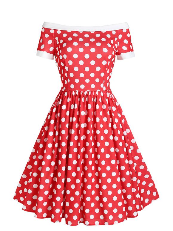 Off Shoulder Polka Dot Princess Seam Dress - RED 2XL