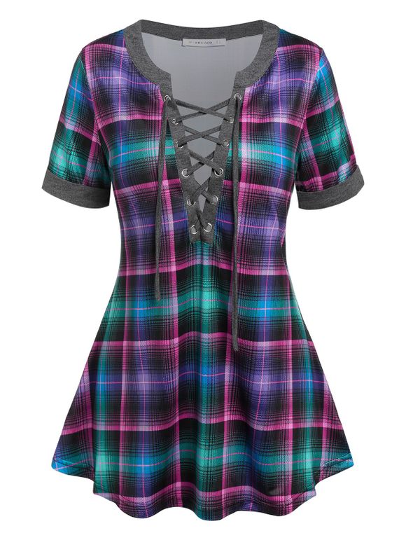 T-shirt à Carreaux à Lacets - Pourpre XXXL