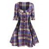Vintage Dress Plaid Print Lace-up Flare Shirt Dress Button Up Mini Dress - PURPLE XXL
