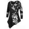 T-Shirt Irrégulier à Imprimé Papillons et Crâne Grande-Taille - Noir 2X