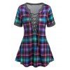 T-shirt à Carreaux à Lacets - Pourpre XXXL