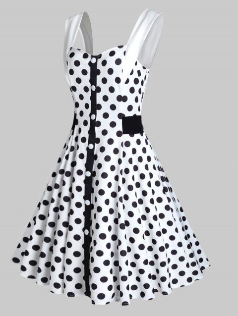 Vintage Dress Polka Dots Print Dress Mock Button Summer Dress Sweetheart A Line Dress