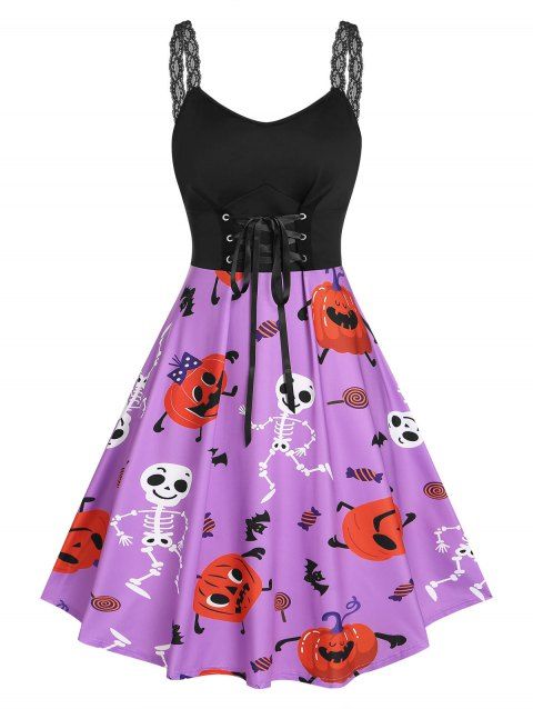 Plus Size Lace Up Pumpkin Skeleton Print Halloween Dress