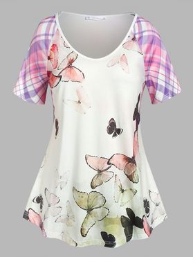 Plus Size Plaid Butterfly Short Sleeve Tee