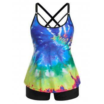 

Plus Size Tie Dye Cross Back Boyleg Tankini Swimwear, Blue