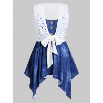 

Plus Size Front Tie Broderie Anglaise Top And Handkerchief Cami Set, Silk blue