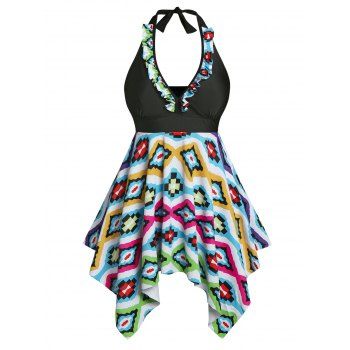 

Plus Size Colorful Print Ruffle Handkerchief Tankini Swimwear, Multicolor