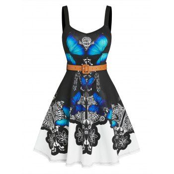 

Gothic Sun Dress Butterfly Flower Print Mini Dress Sleeveless Belted A Line Sundress, Black