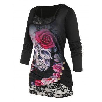 

Plus Size Mock Button Skull Flower T Shirt with Lace Insert Camisole, Black
