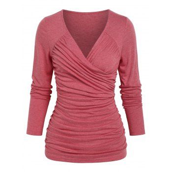 

Surplice Ruched Casual T Shirt, Red