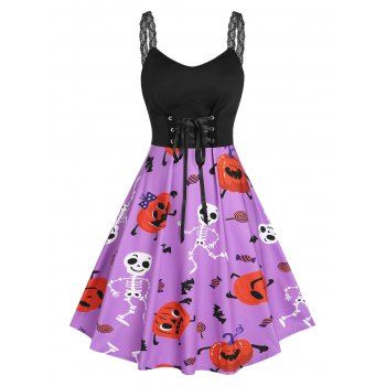 

Plus Size Lace Up Pumpkin Skeleton Print Halloween Dress, Black