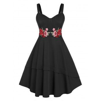 

Plus Size Embroidered Flower Flounce Dress, Black