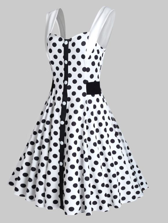 Vintage Dress Polka Dots Print Dress Mock Button Summer Dress Sweetheart A Line Dress - BLACK L