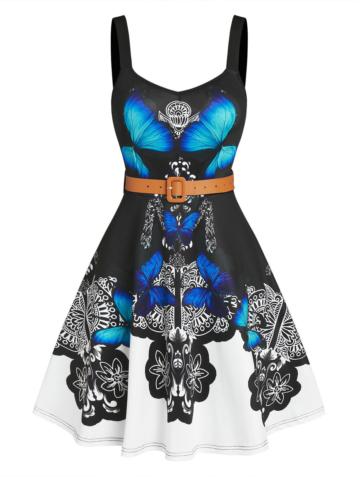 Gothic Sun Dress Butterfly Flower Print Mini Dress Sleeveless Belted A Line Sundress - BLACK L
