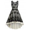 Robe de Soirée Haute Basse Ceinturée Superposée Motif de Fleur en Dentelle - Noir M