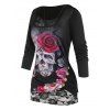 T-shirt Fleur Crâne en Dentelle Insérée de Grande Taille avec Camisole - Noir 2X