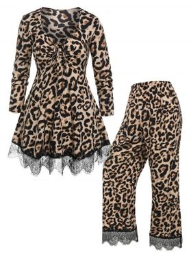 Plus Size Leopard Lace Panel Cinched Pants Set
