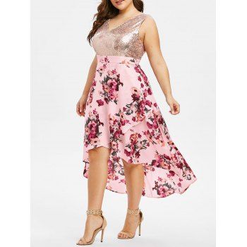 

Plus Size Sequin Floral Print High Low Dress, Orange pink